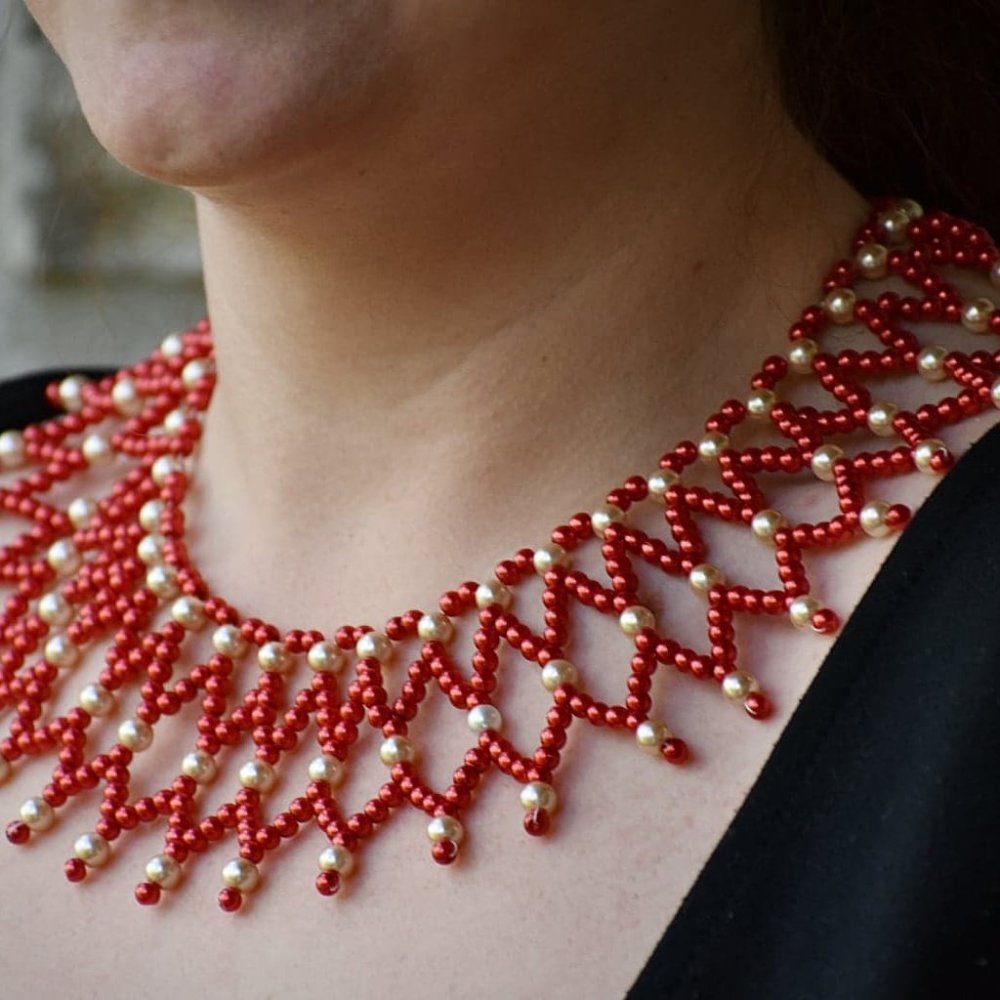 Elegant, Vintage-Styled Red and Cream Pearl Necklace